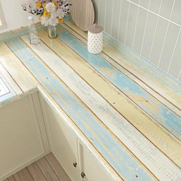 Imagem de EPPKILY Papel de parede de madeira azul para contato com papel de parede de grão de madeira descasque e cole bancadas papel de contato à prova d'água para armário de cozinha papel de parede vintage 40