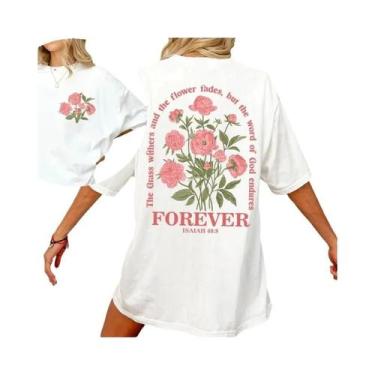 Imagem de Camiseta Feminina Rosa Floral De Algodão Estilo Hip Hop Manga Curta Co