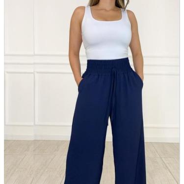 Imagem de Calça Pantalona Wide Leg Duna Elástico Social Cintura Alta - LLEV, Azu