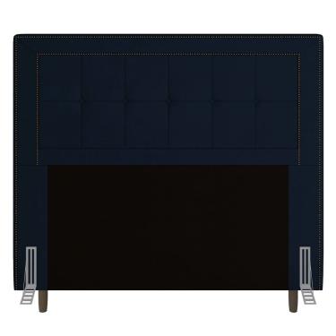 Imagem de Cabeceira Cama Box Solteiro Luxor 90cm com Tachas e Frame Veludo Azul Marinho - Abmaza