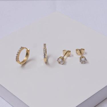 Imagem de Dupla de Brincos Folheado a Ouro Argola e Zircônia - Ralifla Semijoias