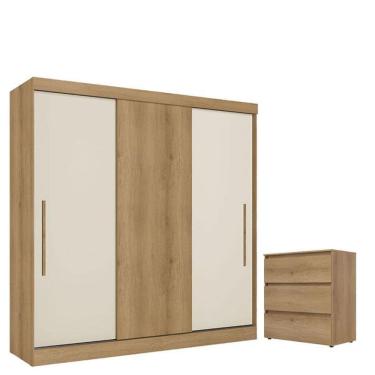 Imagem de Guarda Roupa Casal Vision 3 Portas Capuccino Cacau Off White Flex Acetinado e Cômoda Ga...