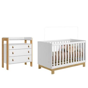 Imagem de Berço Americano 4315 Q Encanto Slim e Cômoda 4410 Fantasia Branco Acetinado – Qmovi