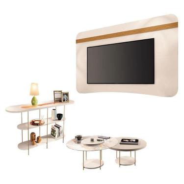 Imagem de Painel Suspenso Armony Off White Cinamomo com Kit Mesa de Centro Sky e Aparador Infinity Off White - HB Móveis