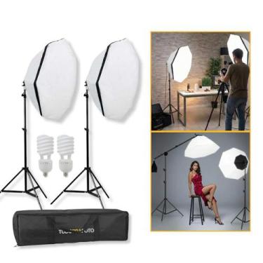 Imagem de Estúdio Iluminação 2 Softbox Octogonal 70cm com 2 Tripés 1,9m e 2 Lâmp