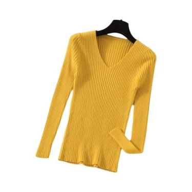 Imagem de Suéter Feminino De Tricô Gola V Manga Longa Outono Inverno Casual Bási