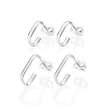 Imagem de Kit Brincos Rommanel De Argolas Retangular Prata 925 820238 Cor:Prata,