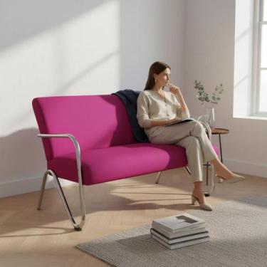 Imagem de Namoradeira Decorativa Bela Couro Rosa Pink Braço Cromado - Mazzero De