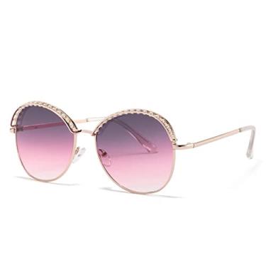 Imagem de Óculos de sol redondos de metal retrô pérola designer de luxo feminino de armação grande óculos de sol feminino gradiente lentes, rosa ouro cinza rosa, um