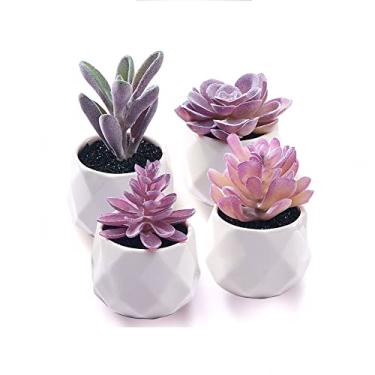 Imagem de CADNLY Conjunto de plantas suculentas falsas - plantas artificiais para mesa feminina - suculentas falsas realistas em vasos de cerâmica - Mini decoração roxa para quarto, banheiro, escritório,
