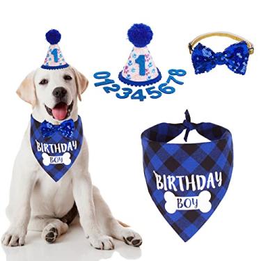 Imagem de Artigos para festa de aniversário de cães, chapéu de aniversário de cachorro menino com números, bandana de aniversário de cachorro xadrez e conjunto de laço para cachorro blingbling