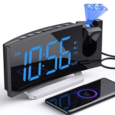 Imagem de Relógio de alarme para quarto, rádio FM com projetor rotativo de 180°, brilho ajustável para tela e projeção, visor de LED grande, alarmes duplos, volume de 3 níveis, relógio digital com carregador USB