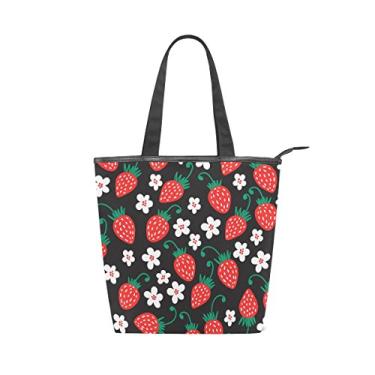 Imagem de Bolsa feminina durável de lona vermelha de morango grande capacidade sacola de compras bolsa de ombro