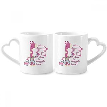 Imagem de Conjunto de canecas de porcelana para casal de animais de desenho de girafa rosa da Decore House com alça de coração