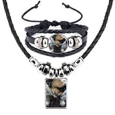 Imagem de Bulldog Conjunto de joias de couro com fotos de animais de estimação