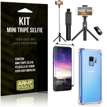 Imagem de Kit Mini Tripé Selfie Galaxy S9 + Capa Anti + Película Vidro - Armyshi