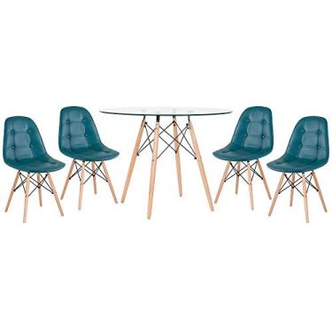 Imagem de Loft7, Kit - Mesa Eames 100 cm - Vidro + 4 cadeiras Eames Botonê - Turquesa