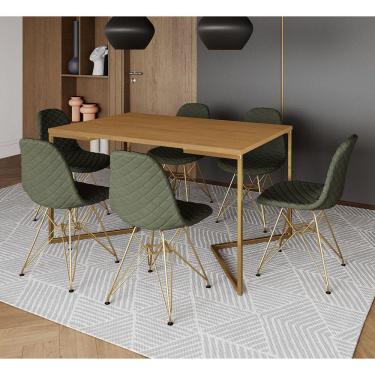 Imagem de Mesa Jantar Industrial Canela Base V Dourada 137x90cm C/ 6 Cadeiras Estofadas Verdes Dourada 