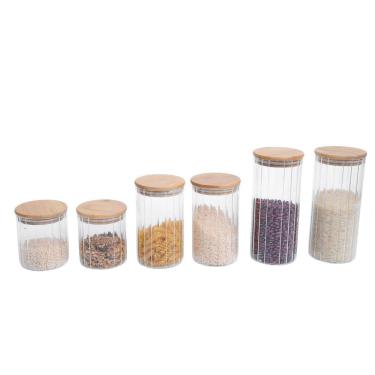Imagem de Kit 6 potes vidro herméticos para mantimentos canelado com tampa de bambu - Oikos