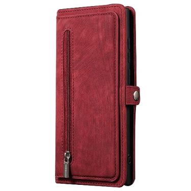 Imagem de Capa flip para Samsung Galaxy S23 Ultra/S23 Plus/S23, capa carteira de couro com fecho magnético com zíper com 9 compartimentos para cartões e alça de cordão, vermelha, S23 de 6,1 polegadas