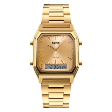 Imagem de Gosasa Relógio de pulso feminino masculino quadrado multifunções com mostrador duplo, pulseira de aço inoxidável, analógico, relógios esportivos, Dourado, Digital