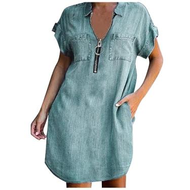 Imagem de Vestido de verão feminino slim moda manga midi curto 2023 vestido casual feminino vestidos de algodão para mulheres, Azul, G
