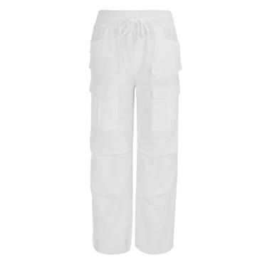 Imagem de Calça cargo feminina com cordão, calça casual solta com bolsos, calça de suor feminina, perna larga solta, calça casual (Branco, PP)