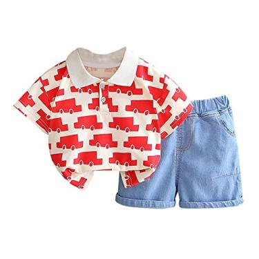 Imagem de Conjunto de shorts para bebês meninos papai camiseta estampada carro shorts jeans infantil suspensórios e gravata borboleta, Vermelho, 3-4 Years