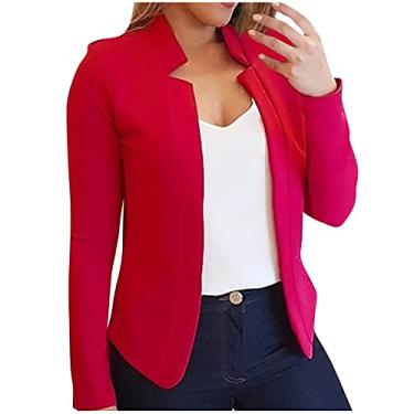 Imagem de Blazer curto para mulheres, elegante, frente aberta, gola entalhada, manga comprida, casaco curto, Vermelho, P