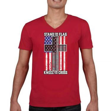Imagem de Camiseta com gola V Stand for The Flag Kneel for The Cross American Patriotic DD 214 Veteran POW MIA Military Pride Tee, Vermelho, 3G