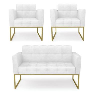 Imagem de Kit 1 Sofá Namoradeira E 2 Poltronas Elisa Corano Branco Base Metálica Industrial Dourado - D`rossi
