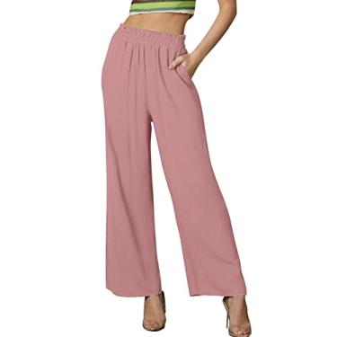 Imagem de Calça feminina plus size cintura alta calça de moletom verão perna larga linho calça social leve para trabalho, rosa, XXG