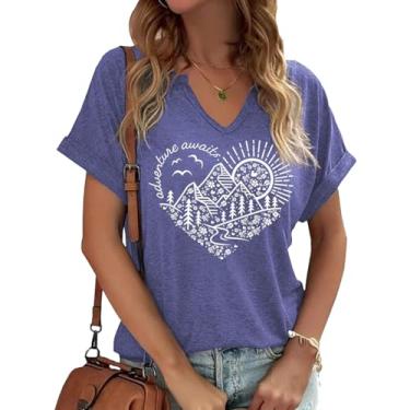Imagem de Woffccrd Camisetas femininas com gola V vintage estampa sol e lua manga curta férias engraçadas camisetas estampadas, Z roxo, M