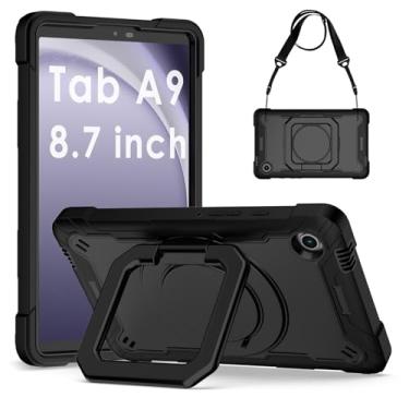 Imagem de DETUOSI Capa para Samsung Galaxy Tab A9 8,7 polegadas 2023, capa à prova de choque para Galaxy Tab A9 com suporte giratório de 360° e alça de ombro, capa resistente para SM-X110/X115/X117, preta
