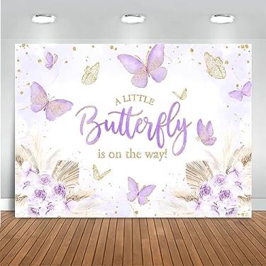Imagem de Mocsicka Pano de fundo de chá de bebê borboleta para meninas A Little Butterfly is on the Way Pink Florals Flowers Photography Background Princess Girl Party Decoration Photography Props (2,1 x 1,5 m,