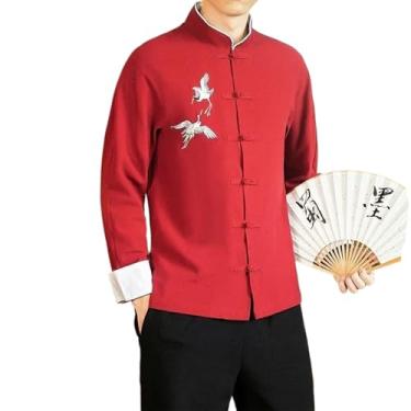 Imagem de Terno Tang Masculino Estilo Chinês Hanfu Manga Longa Linho Kung Fu Camisa Solta Exterior Roupa Zen Top, Vermelho 2, P