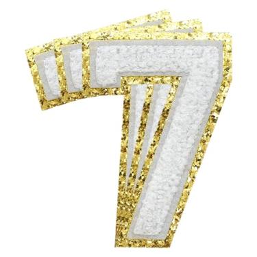 Imagem de 3 Pçs Remendos de Número de Chenille Remendos Dourados Glitter Ferro em Remendos de Letras Varsity Remendos Bordados de Chenille Remendos Costurados para Roupas Chapéu Bolsas Jaquetas Camisa (Ouro, 7)