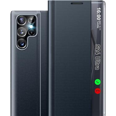 Imagem de Qissy Capa de celular para Samsung S24 Ultra, Clear View S24 Ultra com suporte, capa protetora de couro rígido de policarbonato à prova de choque para Samsung Galaxy S24 Ultra 5G (azul escuro)