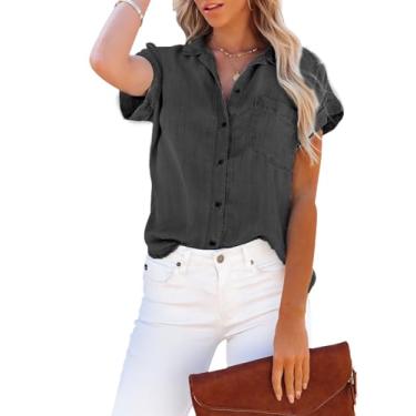 Imagem de Aoudery Camisa feminina de botão de cambraia com bolsos, túnica jeans de algodão, abotoada, manga curta, lisa, blusa alta e baixa, A_cinza escuro (cambraia), XG