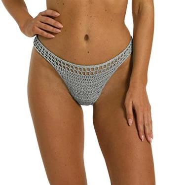 Imagem de Calcinha de biquíni feminina de crochê vazada, short de natação feminino, cintura média, atrevido, calcinha fio dental, Cinza, G