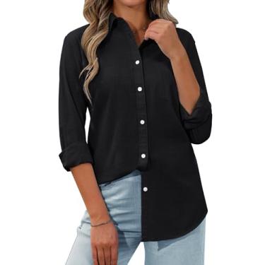 Imagem de siliteelon Camisa feminina de botões de linho com botões para mulheres, camisa social de manga comprida, blusa com colarinho, túnicas, Preto, PP