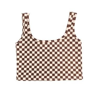 Imagem de WSPLYSPJY Camiseta regata feminina plus size preta e branca com estampa xadrez, Xadrez marrom café, M