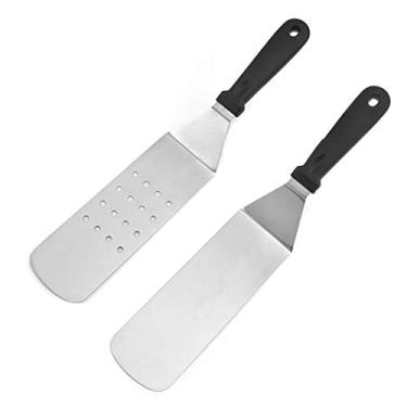 Imagem de Hoshen 2 peças de panela seca de aço inoxidável Teppanyaki, espátula de metal com fenda, hambúrguer de panqueca, teppanyaki e frigideira, pode ser lavada na lava-louças - cabo de plástico preto