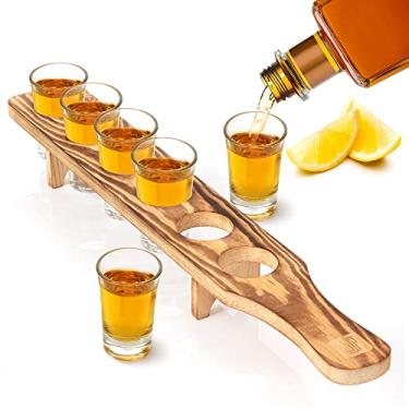 Imagem de Don Paragone Conjunto de 6 copos de shot com bandeja de servir - Copos de tequila com suporte de madeira - Pequenos tiros transparentes para restaurante, bar, festa (luxo queimado rústico)