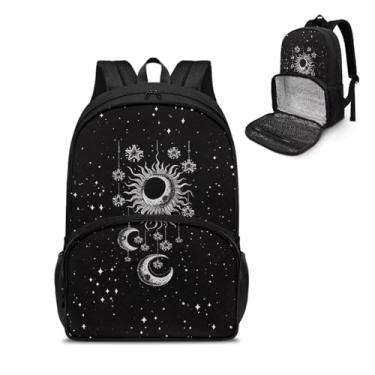 Imagem de Tomeusey Mochila térmica para almoço com compartimento para refeições, mochila casual de caminhada com bolsos laterais para garrafa, Estrela da lua do sol