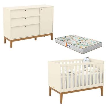 Imagem de Berço Americano e Cômoda Sapateira Unique Off White Eco Wood com Colchão Gazin - Matic