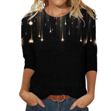 Imagem de Camiseta feminina com estampa de lantejoulas, manga 3/4, gola redonda, caimento solto, casual, elegante, tops de cores brilhantes, Caqui, M
