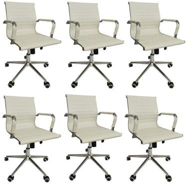Imagem de Conjunto com 6 Cadeiras Office com Rodízio e Encosto Esteirinha Baixa Branco