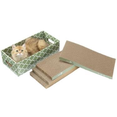 Imagem de MECOOL Placa de arranhar para gatos, 5 peças com caixa para arranhar gatos, papelão ondulado reversível e cama de descanso para gatos em ambientes internos, erva de gato
