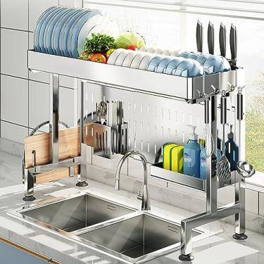 Imagem de Escorredor de pratos de cozinha sobre a pia - escorredor ajustável com grande capacidade, escorredor de pratos com economia de espaço para balcão de cozinha, escorredor de pratos de 1 camada, cozinha